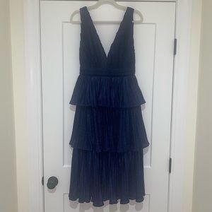 Deep-V shimmery tiered midi dress